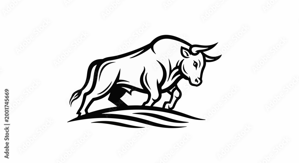 Fototapeta premium Powerful black and white illustration of a charging bull on stylized ground