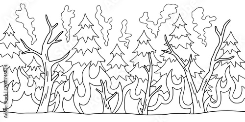 Wildfire graphic black white forest fire landscape sketch illustration vector 