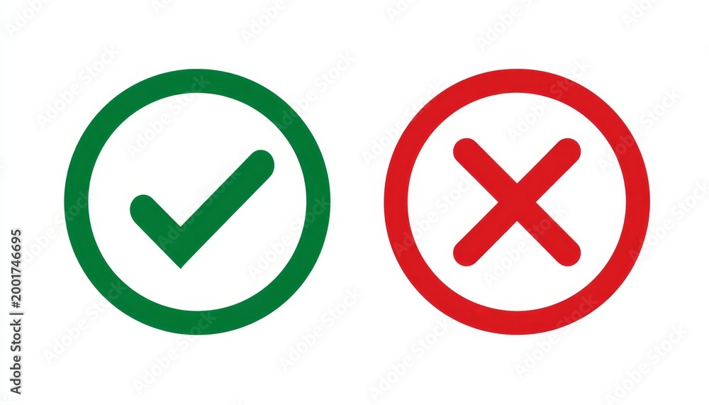 Fototapeta premium Green checkmark and red cross mark icons, symbolizing approval and rejection, correct and incorrect or yes and no concepts.