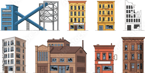 Damaged urban buildings vector set featuring broken factories, ruined houses and destroyed city architecture in post disaster illustration style