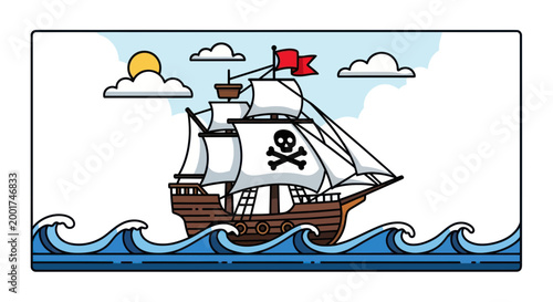 Pirate Ship Sailing on Wavy Ocean with Skull Flag and Sun