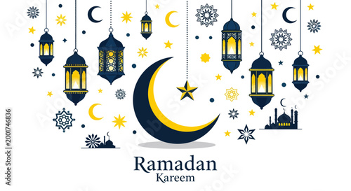 Ramadan Kareem: Crescent Moon, Lanterns, Stars, Mosque Silhouette