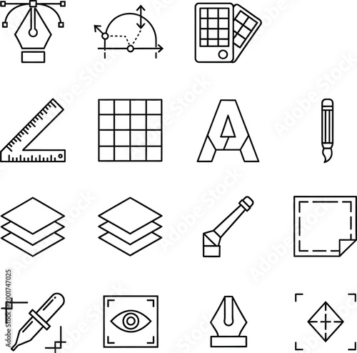 Creative design tools icons line art vector set for graphics