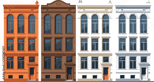Classic townhouse facades vector illustration featuring detailed urban residential buildings with arched windows in vintage architectural style