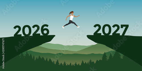 woman jumping over a cliff from 2026 to 2027 vector illustration