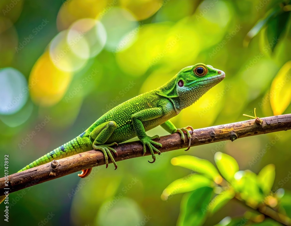 Fototapeta premium Vibrant green lizard perched on a branch, illuminated by sunlight