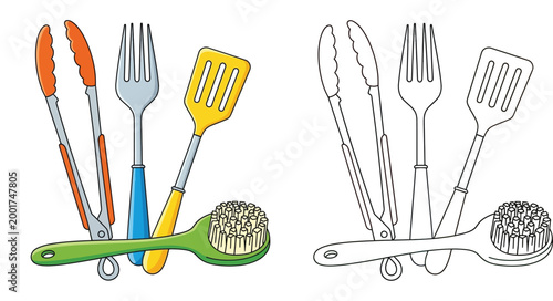 Vector set of kitchen utensils and BBQ tools including tongs fork spatula and cleaning brush with outline version for kids coloring book isolated on white background