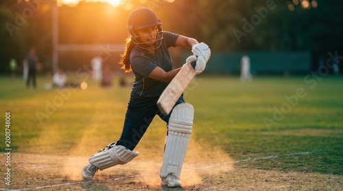 Young Woman Playing Cricket with Bat and Pads on a Sunny Day.