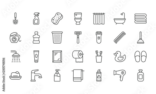Set of Modern Outline Icons Representing Bathroom and Personal Hygiene Essentials