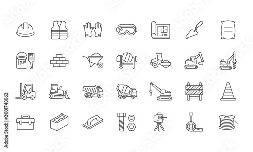 Set of Clean Outline Icons Representing Construction Tools and Equipment for Industry Projects