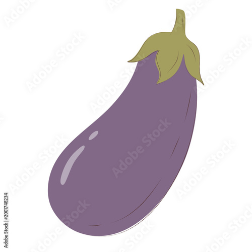 Single fresh purple eggplant in hand-drawn flat style, isolated organic aubergine vegetable for healthy food and farm market design.