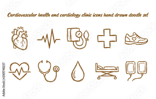 Cardiovascular health and cardiology clinic icons hand drawn doodle set