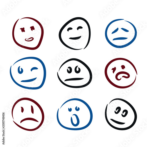 Hand drawn emoji faces set with different expressions, collection of sketch doodle emoticons in brush stroke style isolated on white