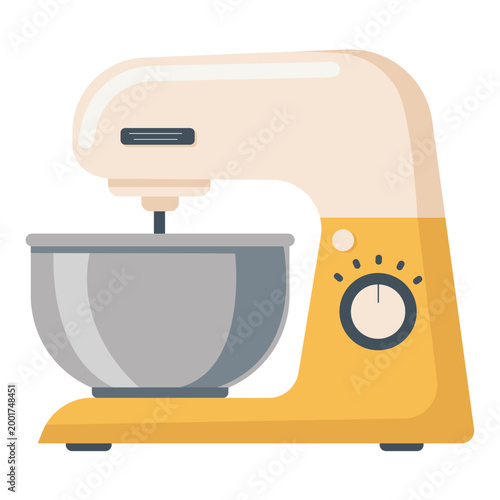 Electric kitchen stand mixer in hand-drawn flat style, isolated yellow planetary mixer with steel bowl for baking and cooking design.