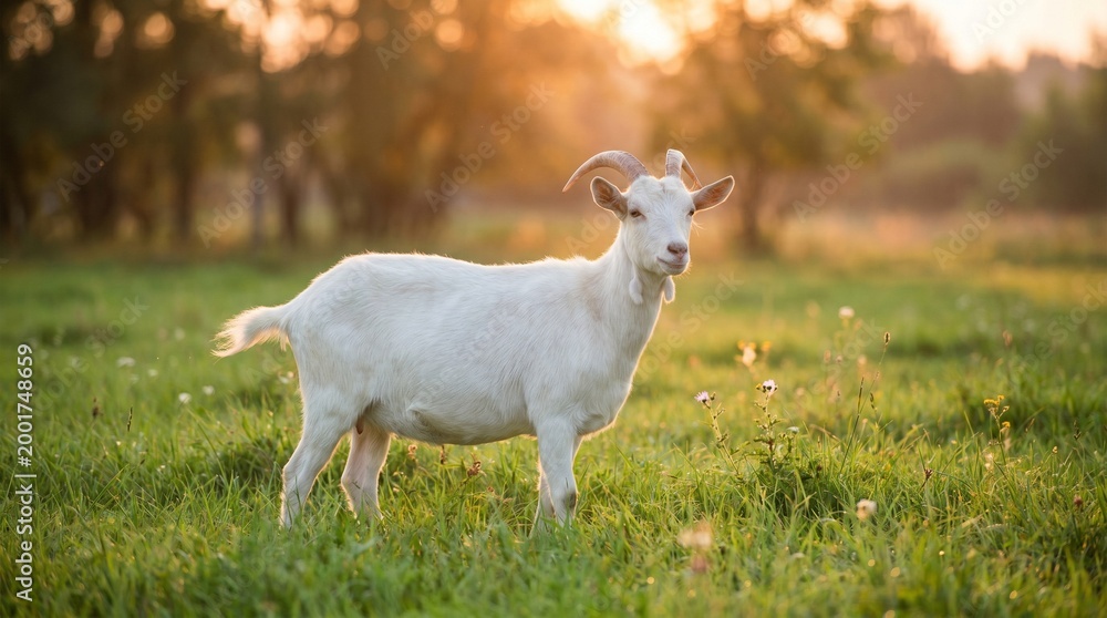 Obraz premium White Goat Standing in Green Field at Sunset, Farm Animal in Natural Rural Landscape