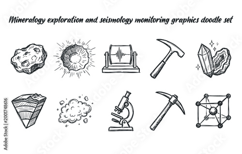 Mineralogy exploration and seismology monitoring graphics doodle set