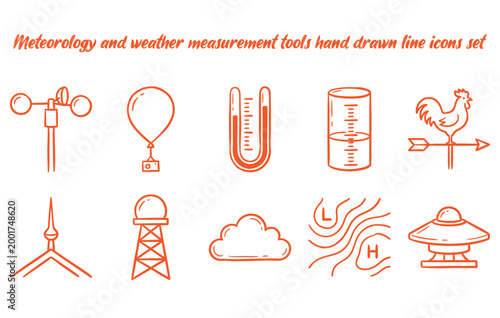 Meteorology and weather measurement tools hand drawn line icons set