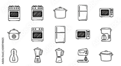 Collection of Hand Drawn Kitchen Appliances and Cookware Icons.