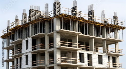 Concrete building under construction rising steel and formwork