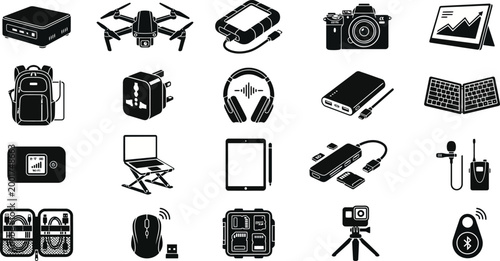 Electronic gadgets and mobile hardware icons illustrate a modern workspace setup containing essential devices for digital nomads and remote professionals.