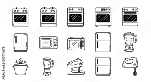 Collection of Hand Drawn Kitchen Appliances Icons Set.