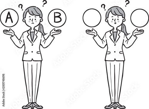 選択を悩む女性会社員2　全身　ベクター（モノクロ）