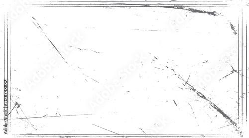 Distressed grunge border frame with scratches and dust particles on white background