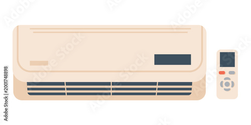 Modern wall mounted air conditioner with remote control in hand-drawn flat style, isolated split system for home climate control and summer cooling.