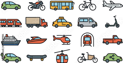 Transportation set features diverse icons including modern cars, public transit vehicles, and aviation modes for comprehensive logistics design.