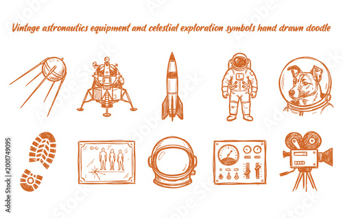 Vintage astronautics equipment and celestial exploration symbols hand drawn doodle