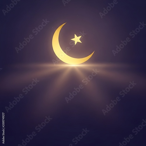 Golden crescent moon with star glowing in dark space