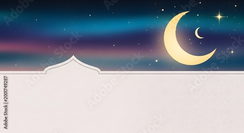 Crescent moon over stylized mountain silhouette at night
