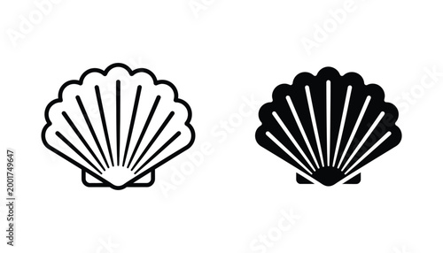 Scallop seashell outline and solid silhouette vector illustration icons on white background