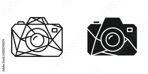 Minimalist camera icon with lens view in black and white