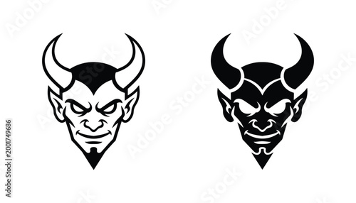 Fierce devil face with horns outline and solid silhouette vector illustration icons on white background