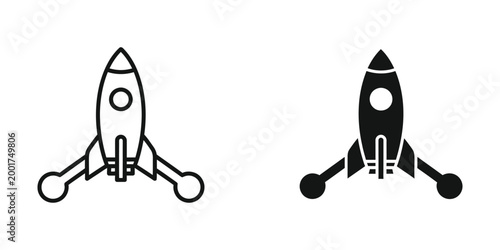 Minimalist rocket ship with three landing legs icon set