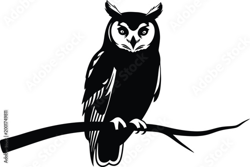 Black silhouette of an owl perched on a branch detailed illustration