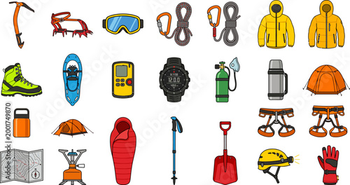 Mountaineering gear and winter survival equipment are depicted as essential supplies for extreme outdoor adventures.