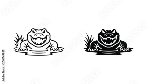 Grinning alligator in reeds vector graphic black and white isolated on white background representing danger and wildlife