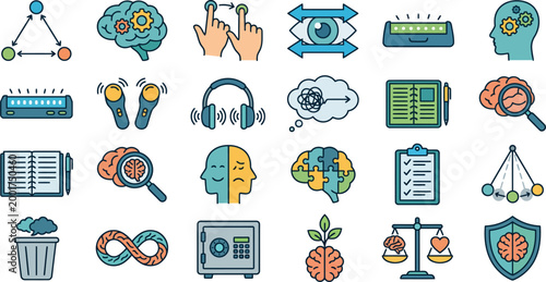 Mental health icons depict complex neurological concepts, psychological analysis, and cognitive processing through a series of minimalist graphic elements.