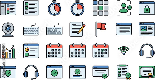 User interface elements and digital productivity tools are presented as a structured set of icons to enhance software applications and web dashboard layouts.