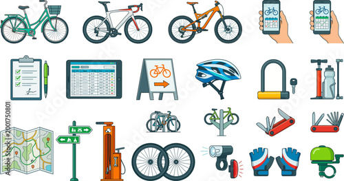 Cycling accessories kit features bicycle models, safety gear, repair tools, and navigation maps for professional and recreational riders.