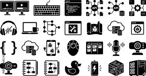 Software development icons illustrate common programming tasks like cloud computing, database management, debugging, and web server maintenance.