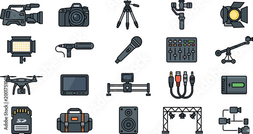 Filmmaking and professional video production equipment are illustrated in this detailed icon set for media creators.