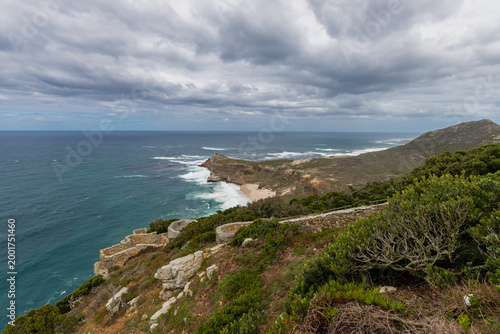 The amazing view on Diaz Beach at Cape Point, seen from the higher cliffs. The beach is a secluded and magnificent stretch of amazing white sand, turquoise waters and surrounded with 200meter high cli