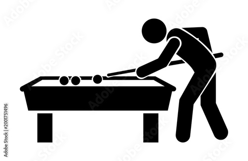 Stickman playing billiards aiming cue stick silhouette vector illustration.