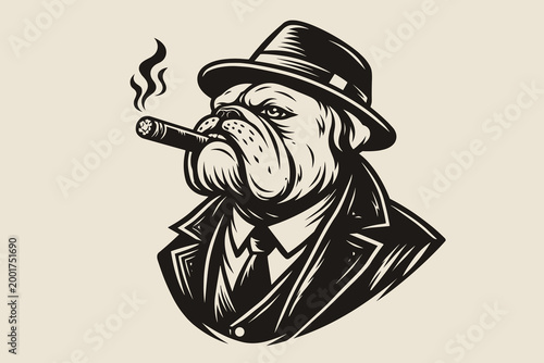 Bulldog gangster smoking cigar vector illustration with fedora hat, suit and vintage mafia dog portrait