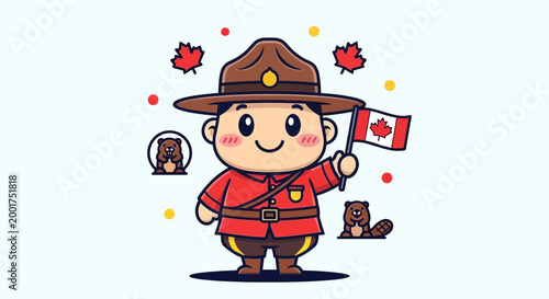 Cute Canadian Mountie with Beaver and Maple Leaves, Canada Day Celebration