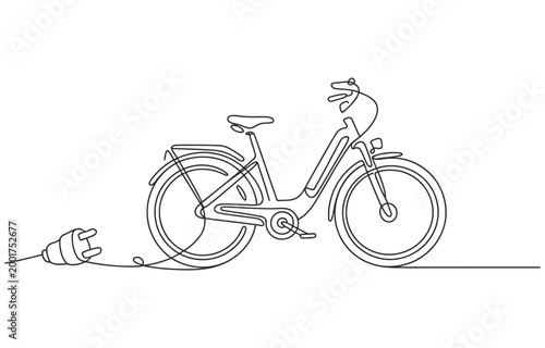 Foto Continuous line drawing of an electric bicycle connected to a power plug symboli
