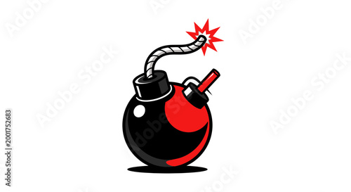 Cartoon Bomb with Exploding Fuse and Red Detonator, Isolated